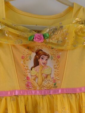 Disney Yellow Belle-Inspired Girls' Sparkle Princess Dress with Pink Trim